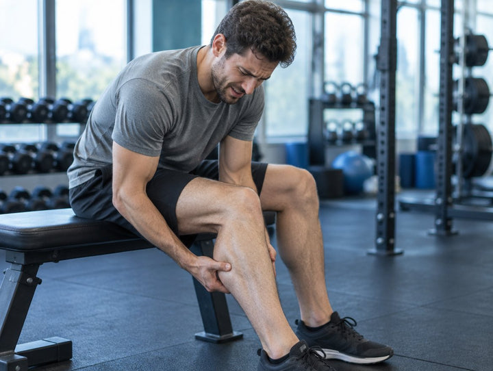 Man on a gym bench pressing into his sore calf muscle