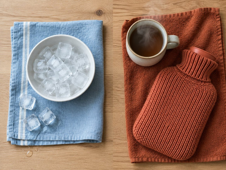 A bowl of ice next to a hot-water bottle and a warm drink