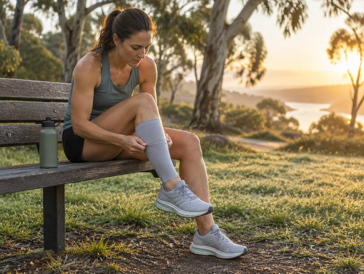 Runner on a park bench pulling on a compression calf sleeve