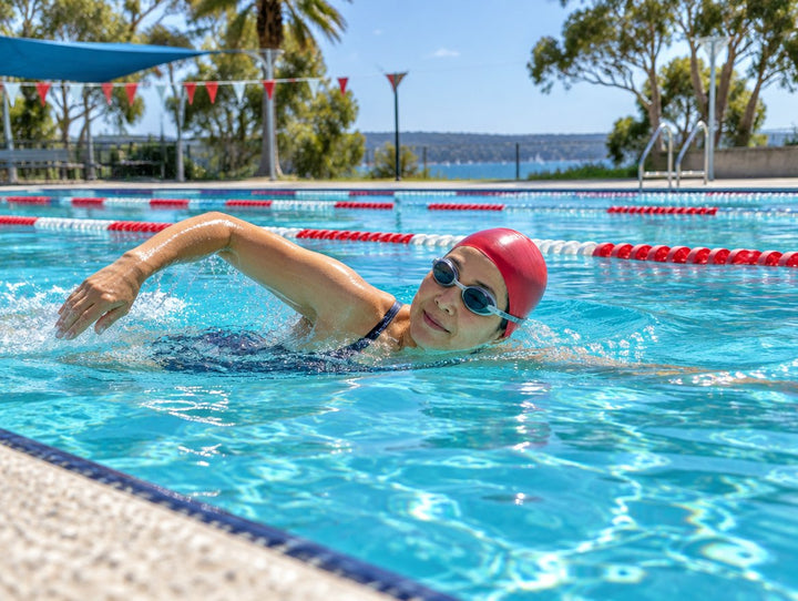 Woman swimming easy laps in an outdoor pool