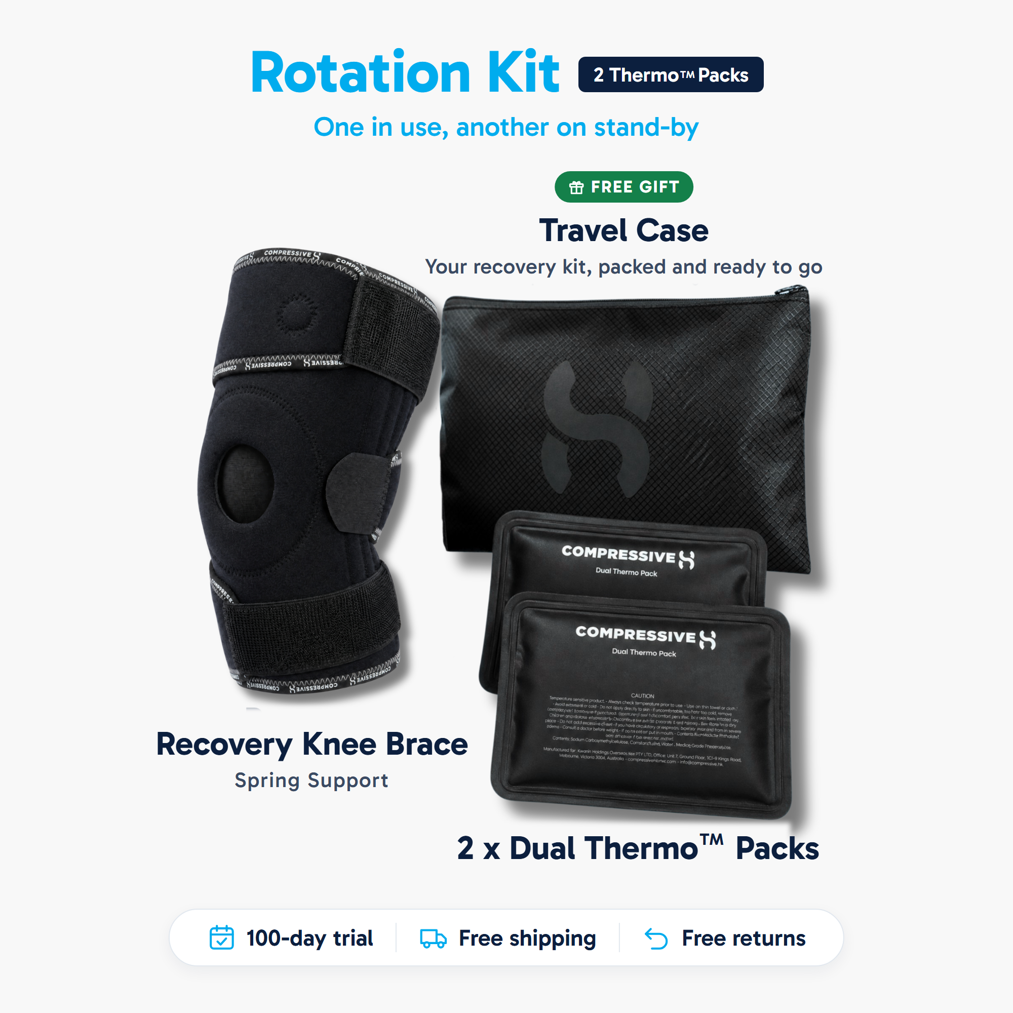 Rotation Kit: Recovery Knee Brace, 2 Dual Thermo Packs and a free Travel Case